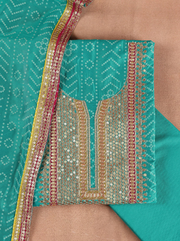 Teal Printed Silk Blend Dress Material With Dupatta