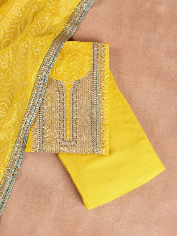 Yellow Embroidered Silk Blend Dress Material With Dupatta