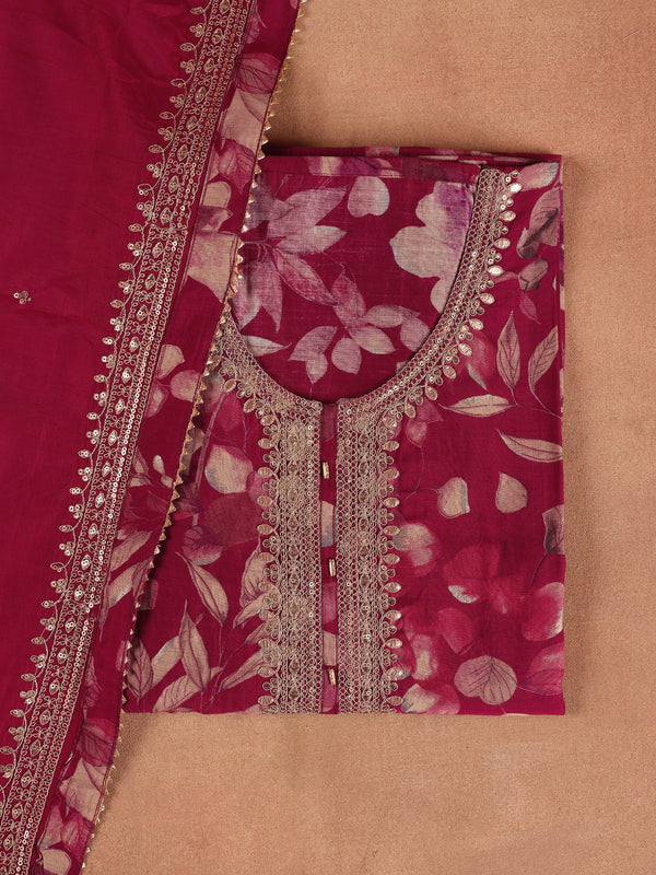 Maroon Printed Silk Blend Dress Material With Dupatta