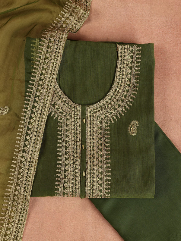 Olive Embroidered Cotton Blend Dress Material With Dupatta