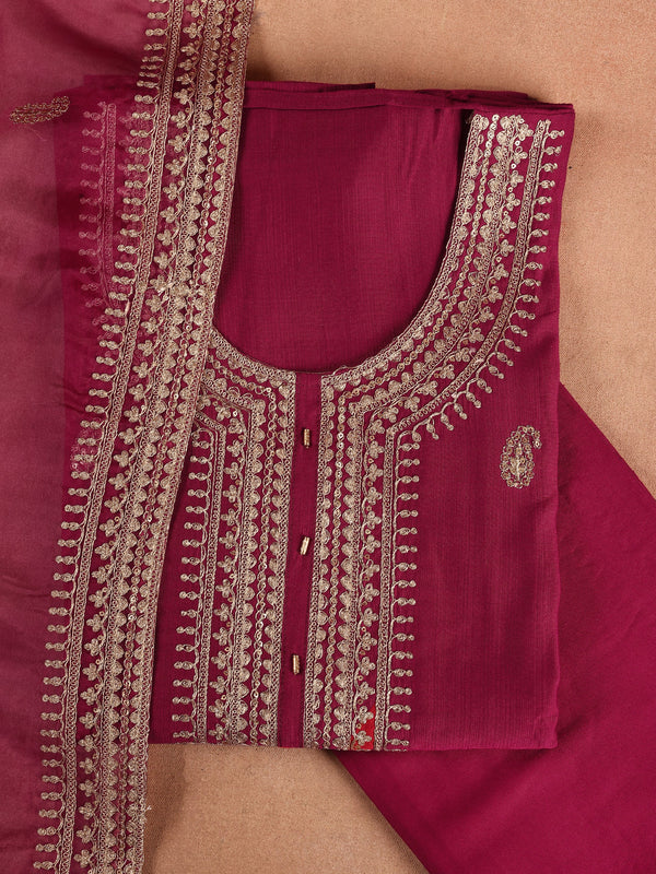 Maroon Embroidered Cotton Blend Dress Material With Dupatta