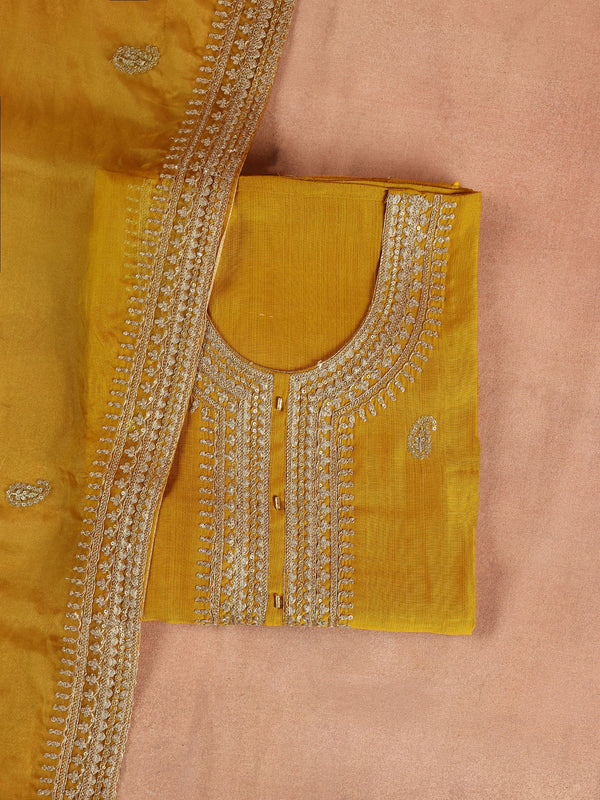 Mustard Embroidered Cotton Blend Dress Material With Dupatta