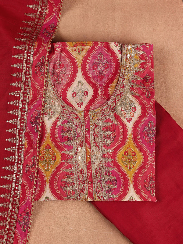 Red Printed Silk Blend Dress Material With Dupatta