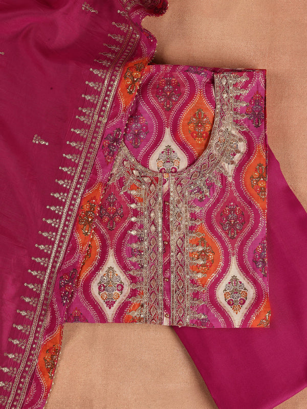 Pink Printed Silk Blend Dress Material With Dupatta