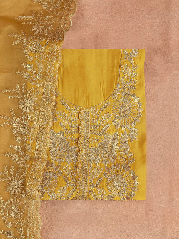 Mustard Embroidered Silk Blend Dress Material With Dupatta