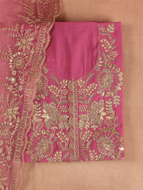 Pink Embroidered Silk Blend Dress Material With Dupatta