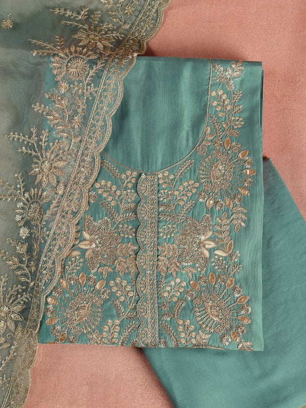 Green Embroidered Silk Blend Dress Material With Dupatta