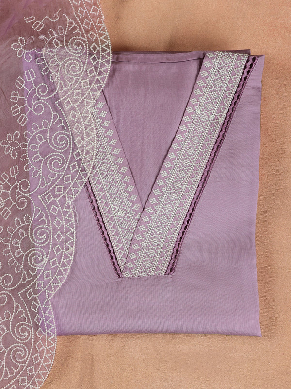 Purple Embroidered Silk Blend Dress Material With Dupatta