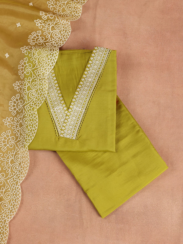 Green Embroidered Silk Blend Dress Material With Dupatta