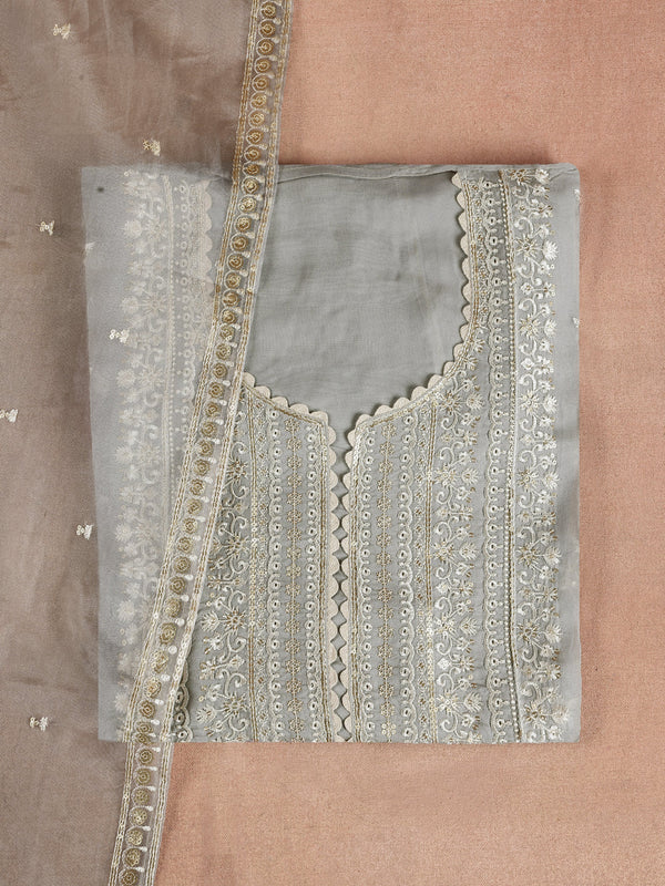 Grey Embroidered Organza Dress Material With Dupatta