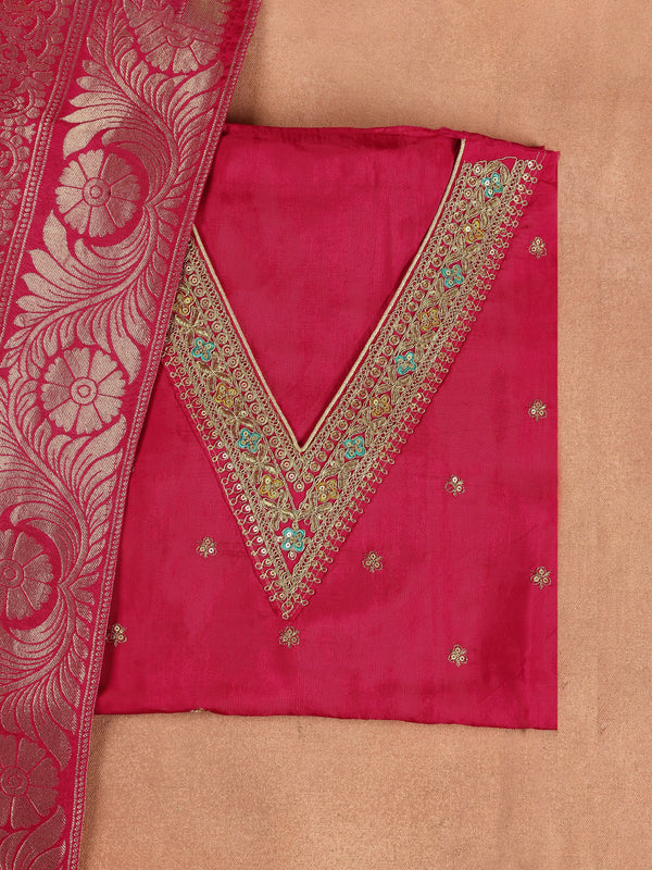 Pink Printed Silk Blend Dress Material With Dupatta