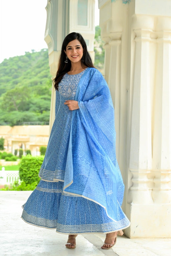 Women's Blue Printed Peplum Dupatta Set - Yufta