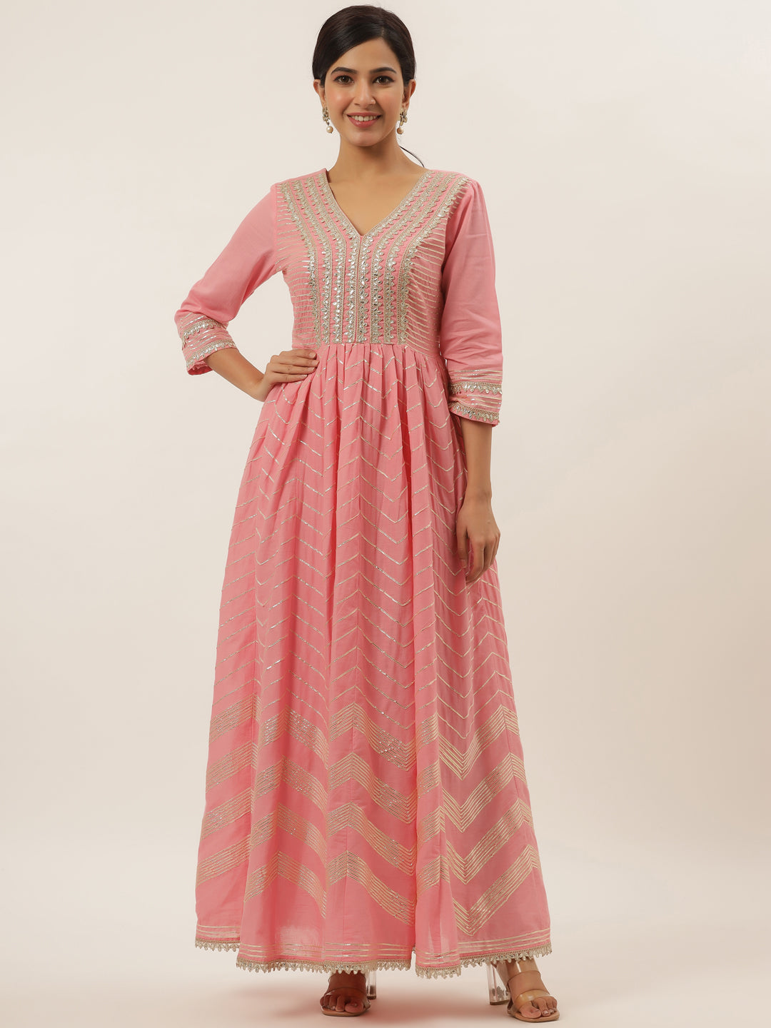 Women's Baby Pink Thread Work Cotton Maxi Dress - Yufta