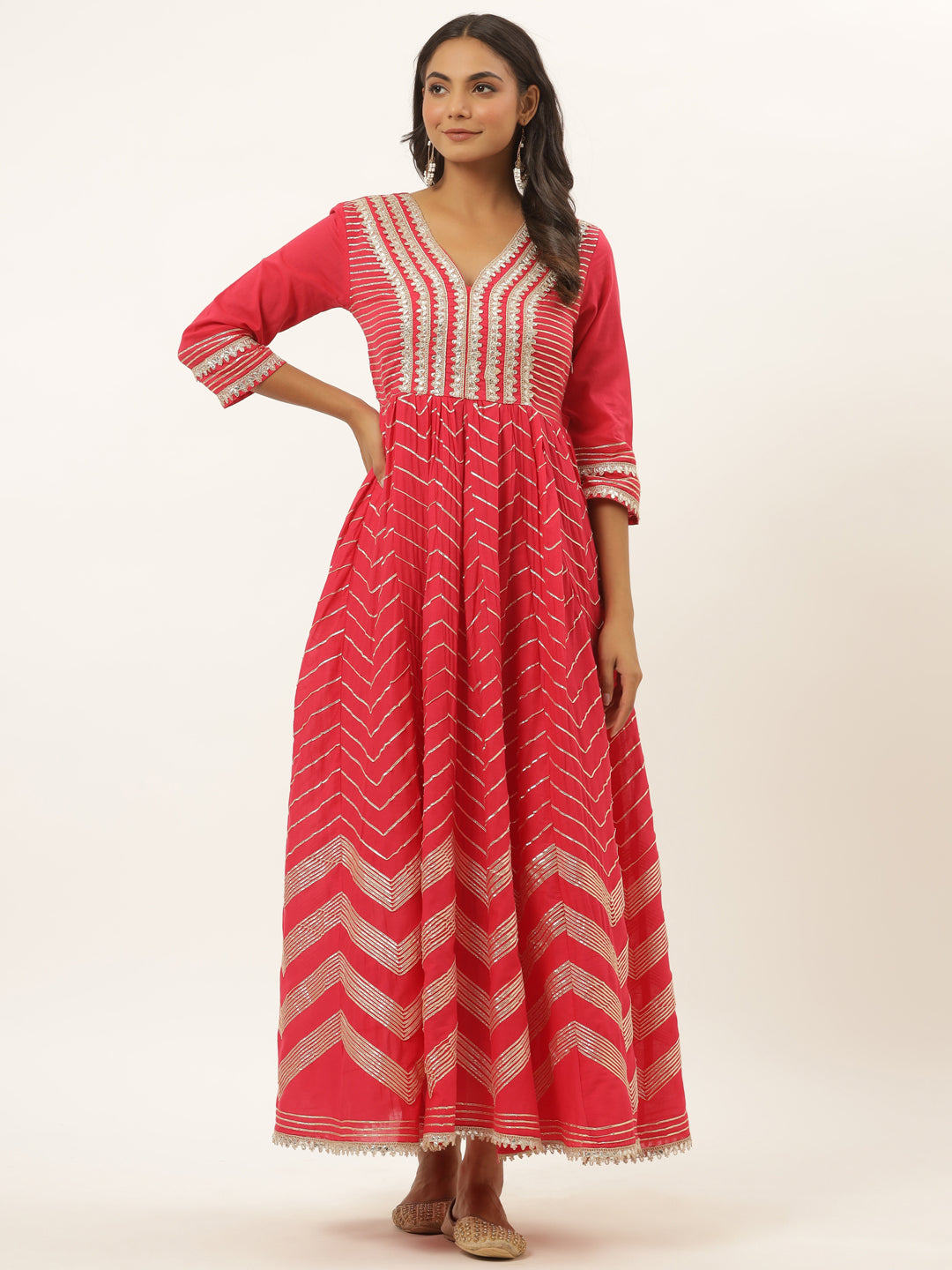 Women's Fuchsia Thread Work Cotton Maxi Dress - Yufta