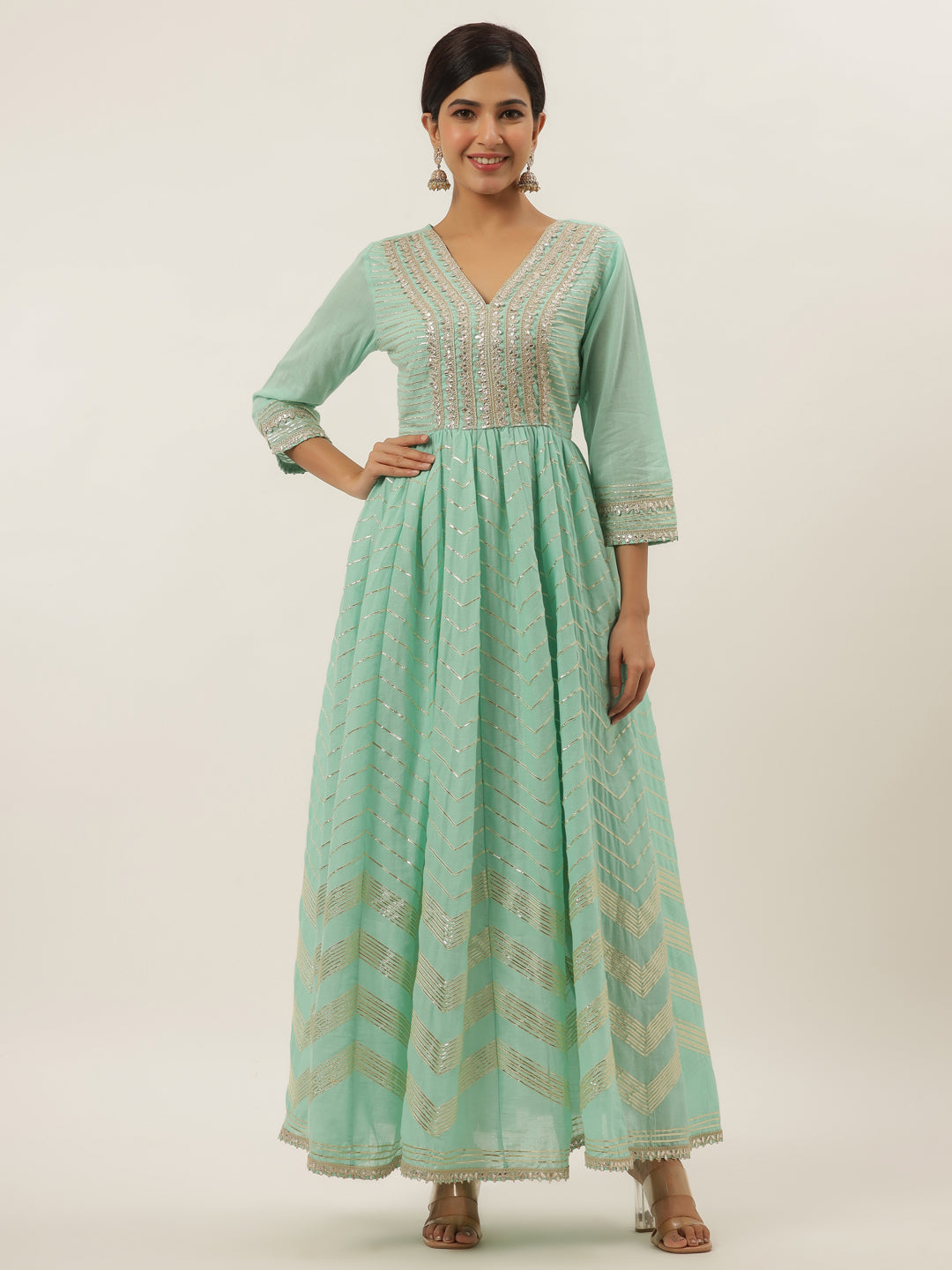 Women's Mint Green Thread Work Cotton Maxi Dress - Yufta