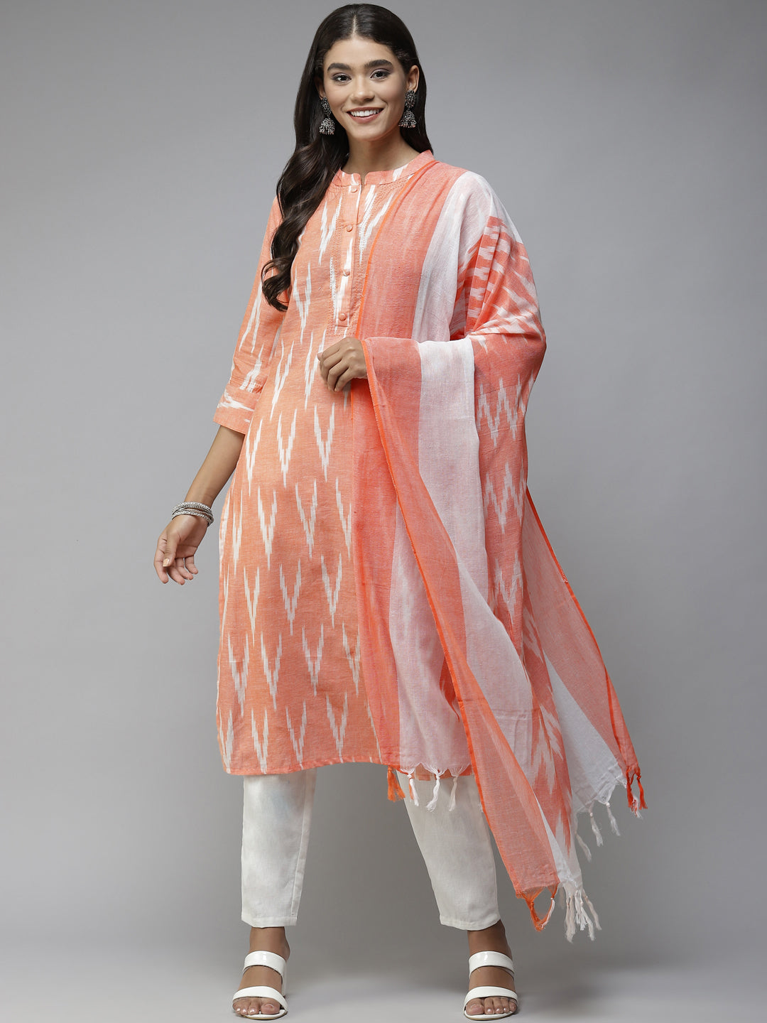 Women's Orange And White Hand Work Cotton Kurta With Trouser & Dupatta - Yufta