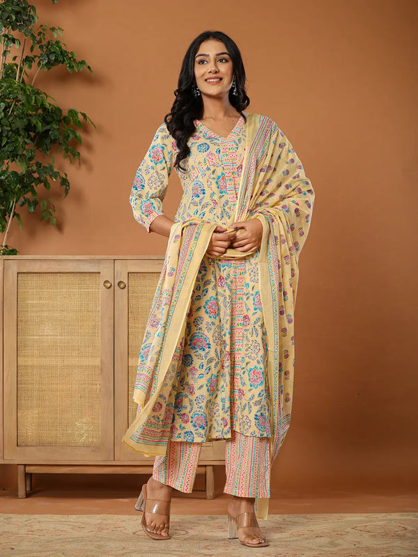 cotton yellow kurta dupatta set-Indiakreations-JS6016SKDYLS