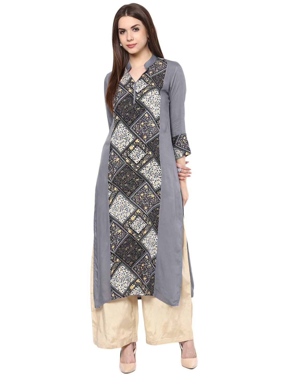 Women's Printed Black And Grey Kurti - Stylestone