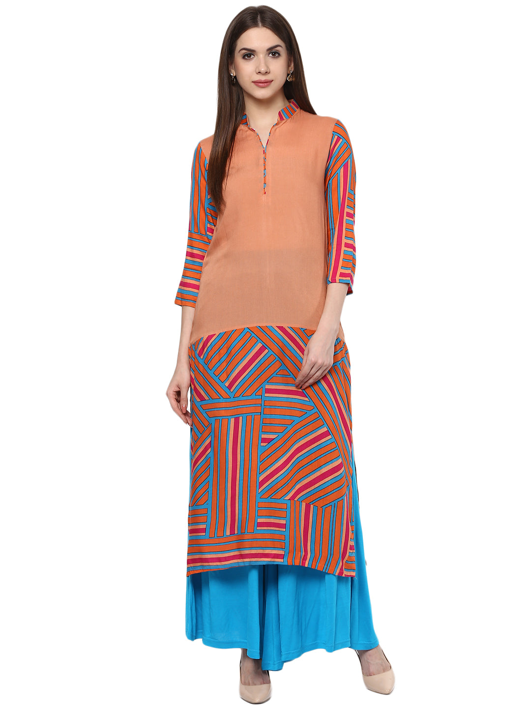 Women's Printed Orange And Blue Kurti - Stylestone