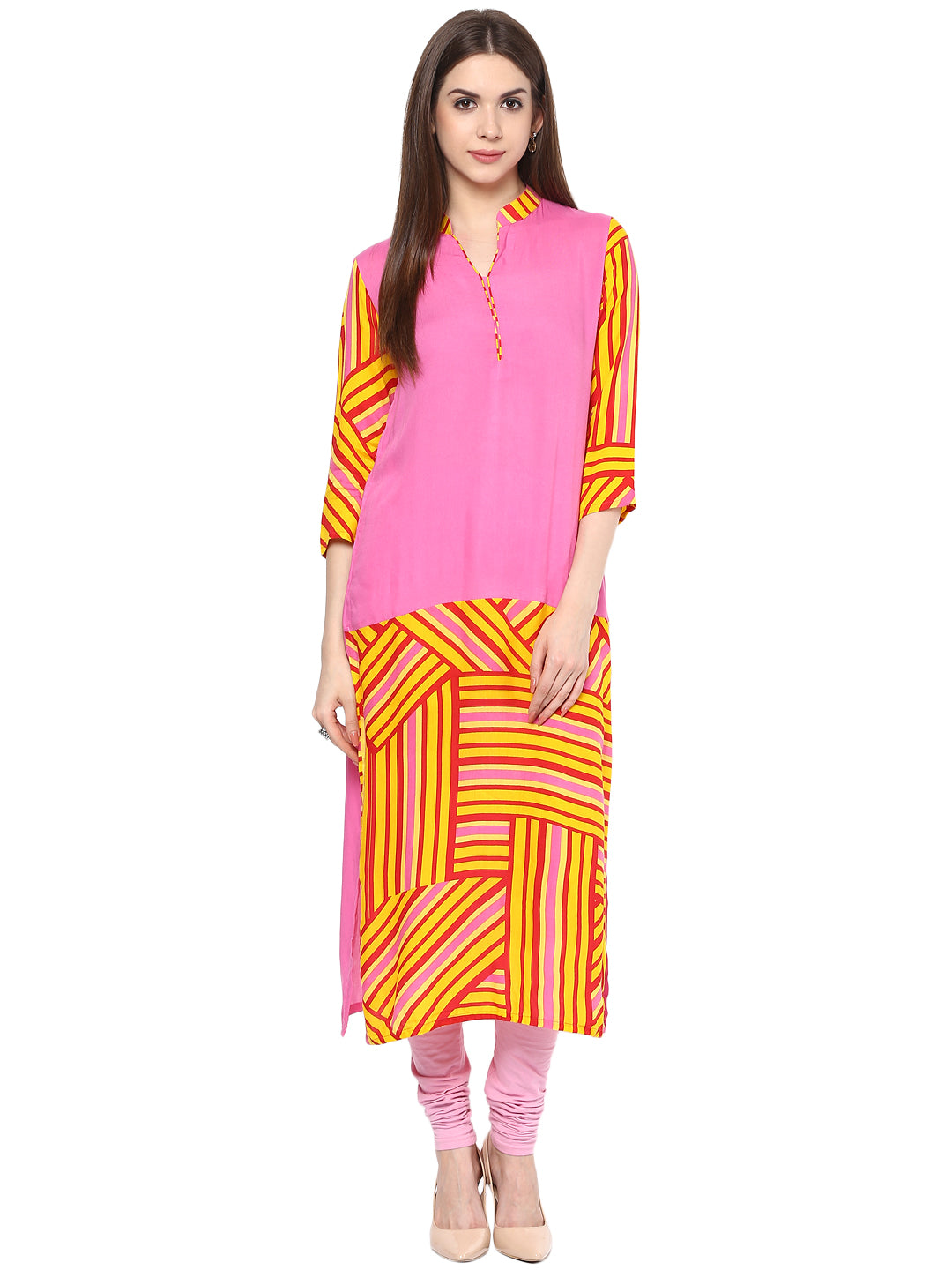 Women's Printed Pink And Yellow Kurti - Stylestone