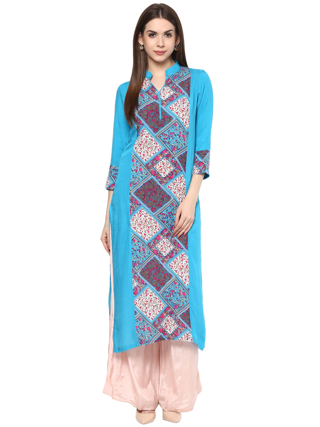 Women's Printed Turquoise And Pink Kurti - Stylestone