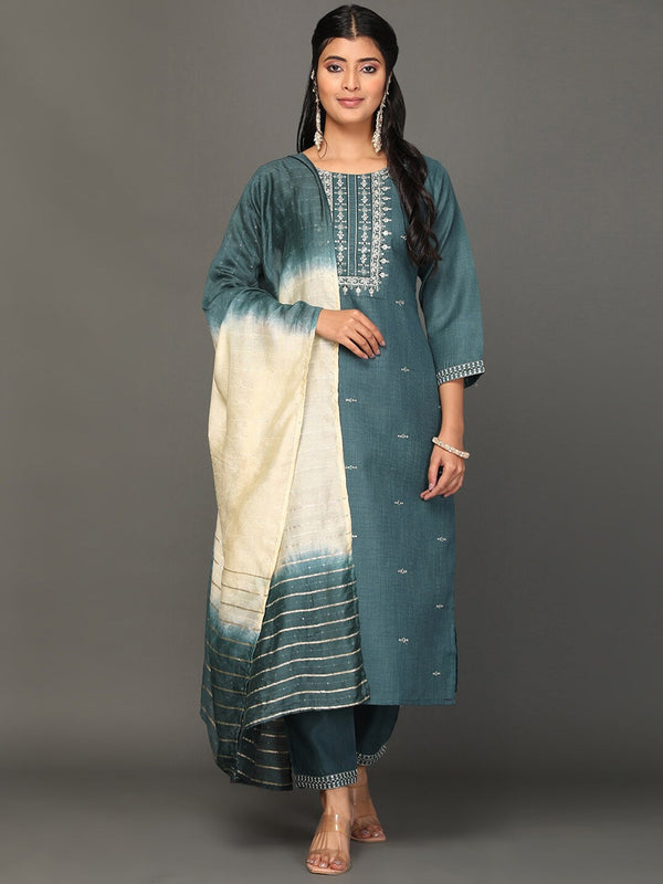 Women's Ethnic Motifs Embroidered Zari Kurta With Trousers & Dupatta - Noz2Toz