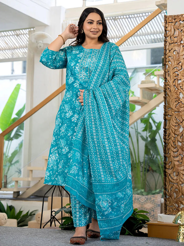 Blue Thread_Work Cotton Straight Plus Size Kurta Trouser & Dupatta Set