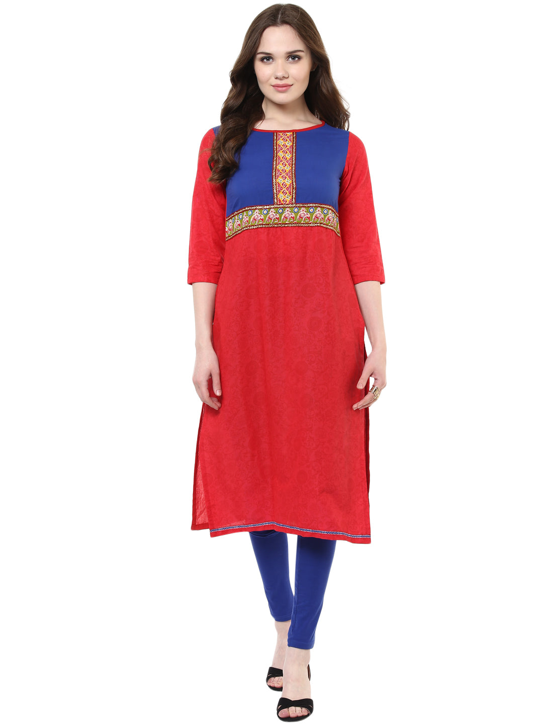 Women's Red And Blue Elephant Print Cotton Kurti - Stylestone