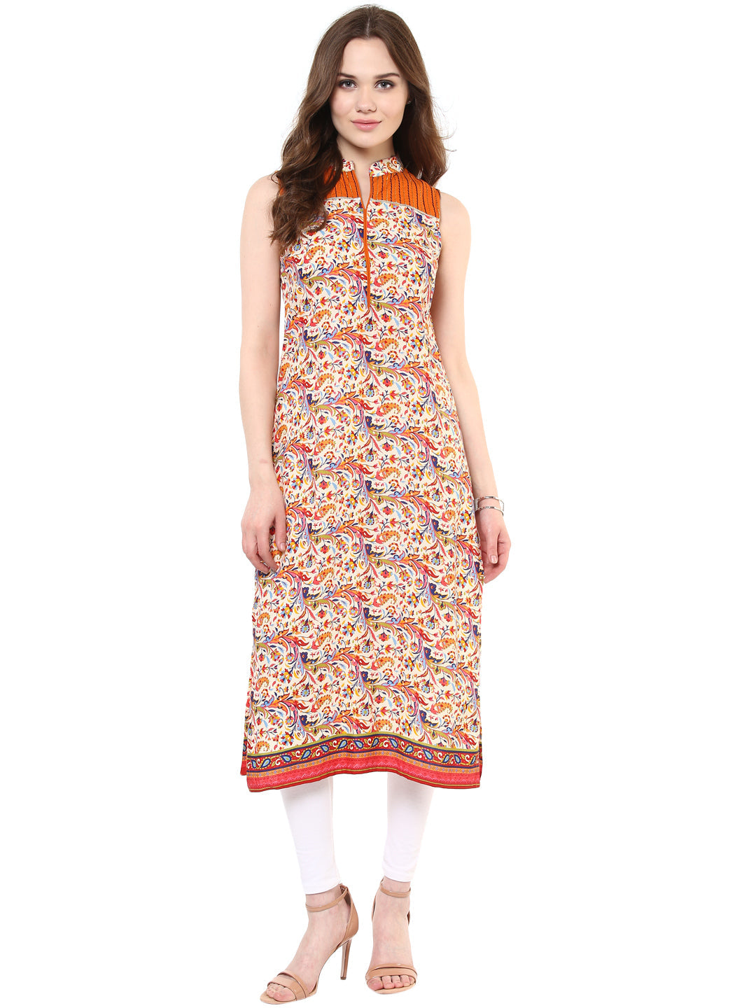 Women's Orange And Gold Paisley Thread Work Kurti - Stylestone