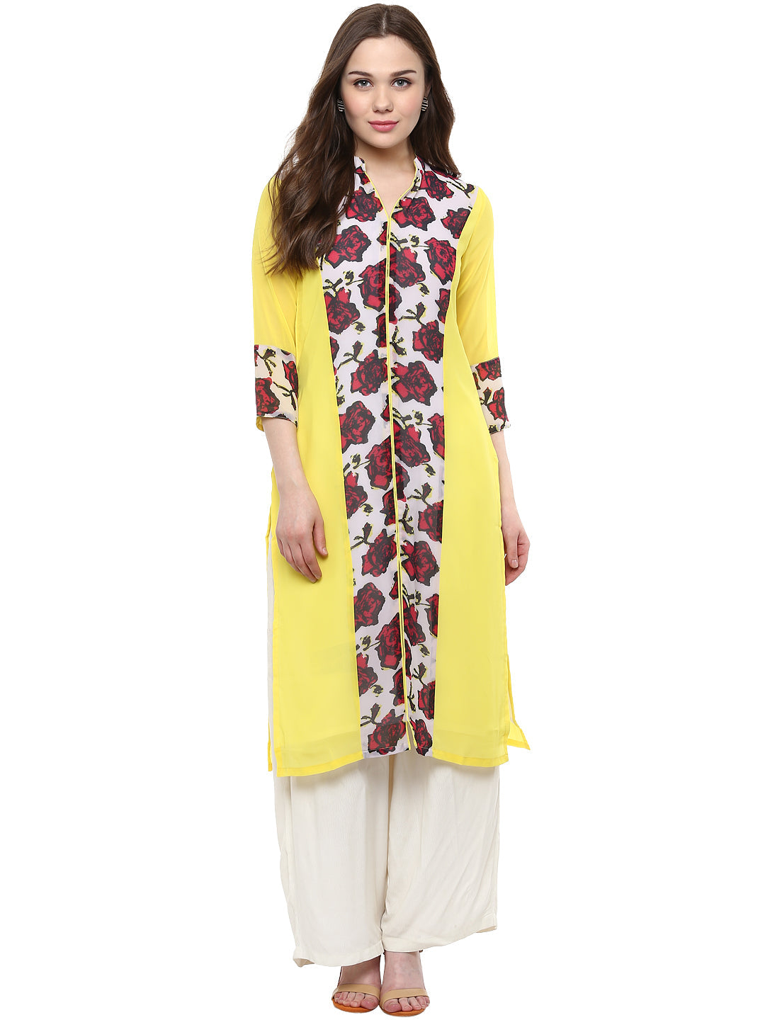 Women's Georgette Red And Yellow Rose Kurti - Stylestone