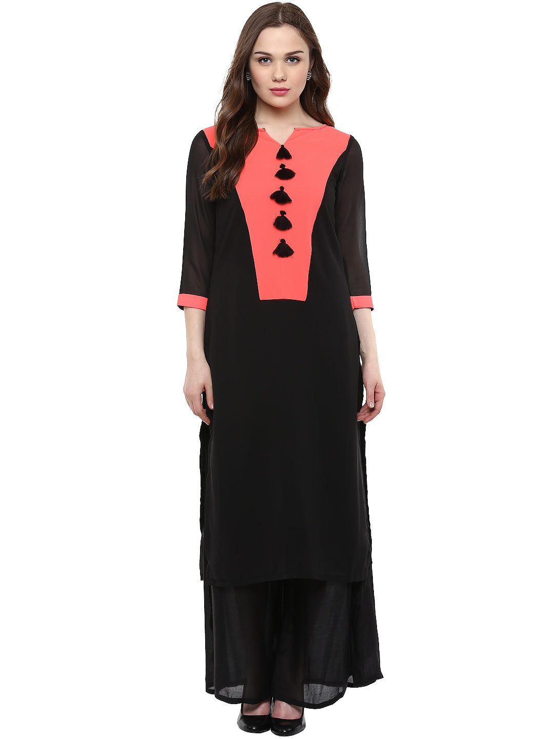 Women's Georgette Black And Neon Pinktassels Kurti - Stylestone