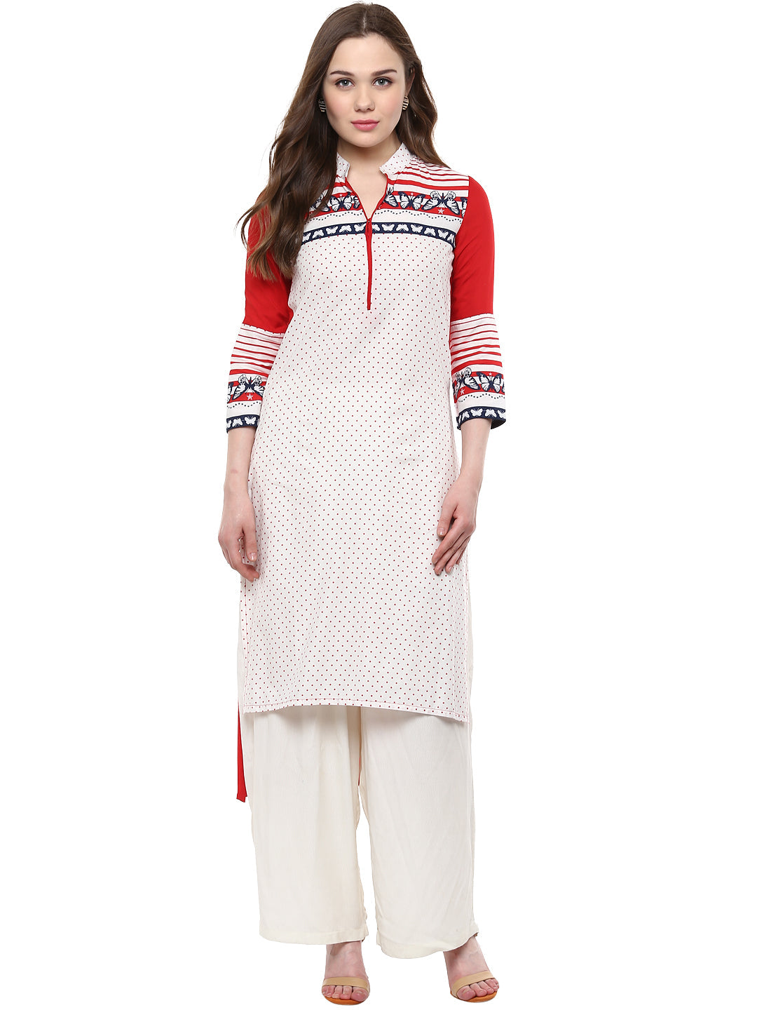 Women's Cotton Butterfly Print Red And White High Low Kurti - Stylestone