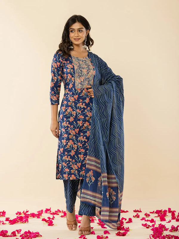 Blue Cotton Dori_Embroidery Straight Kurta Dupatta Pant Set