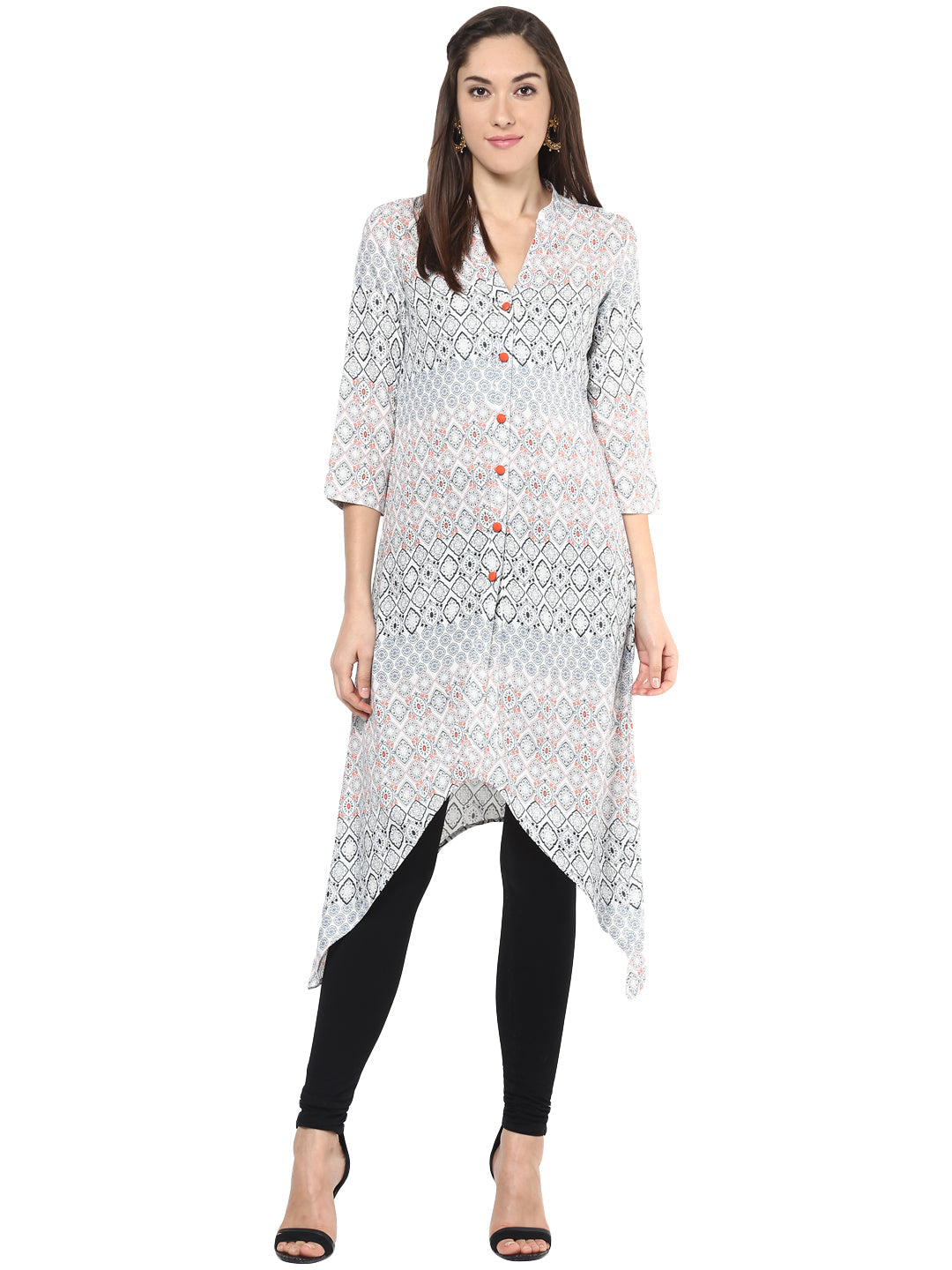 Women's Orange And Grey Front Button Kurti - Stylestone