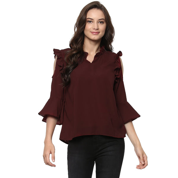 Women's Solid Ruffle Cold Shoulder Top - Pannkh