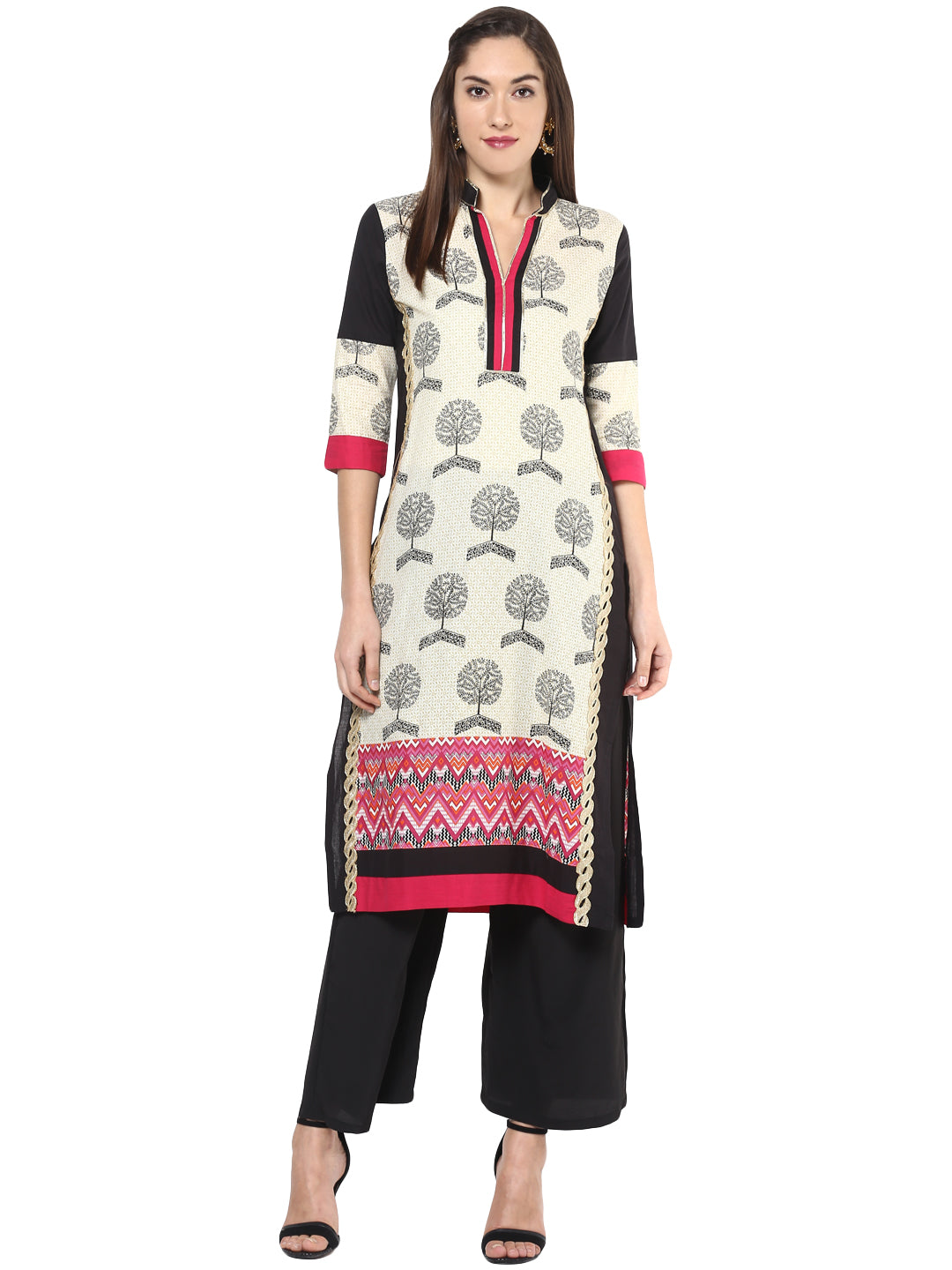 Women's Maroon Black Kurti With Lace Embellished Panel - Stylestone