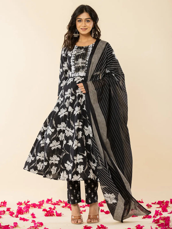 Black Cotton Sequins_Work Anarkali Kurta Dupatta Pant Set