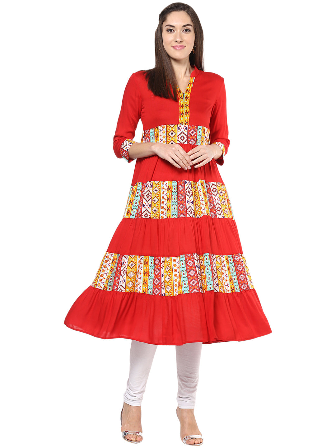 Women's Red And Yellow Multi Tiered Anarkali Kurti - Stylestone