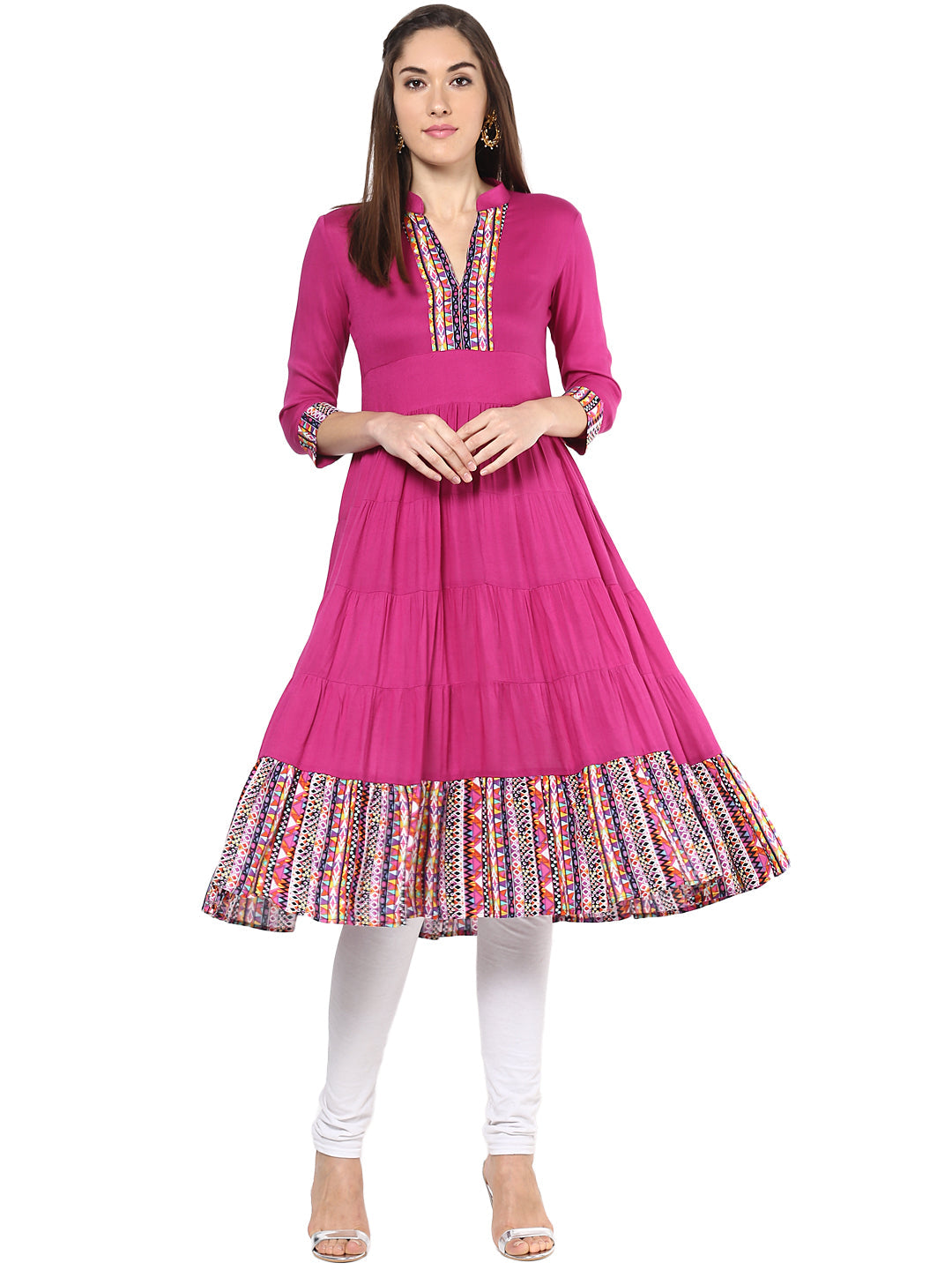 Women's Pink And Multi Color Tiered Anarkali Kurti - Stylestone