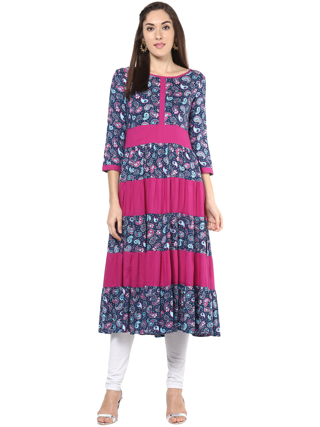 Women's Pink And Blue Multi Tiered Anarkali Kurti - Stylestone