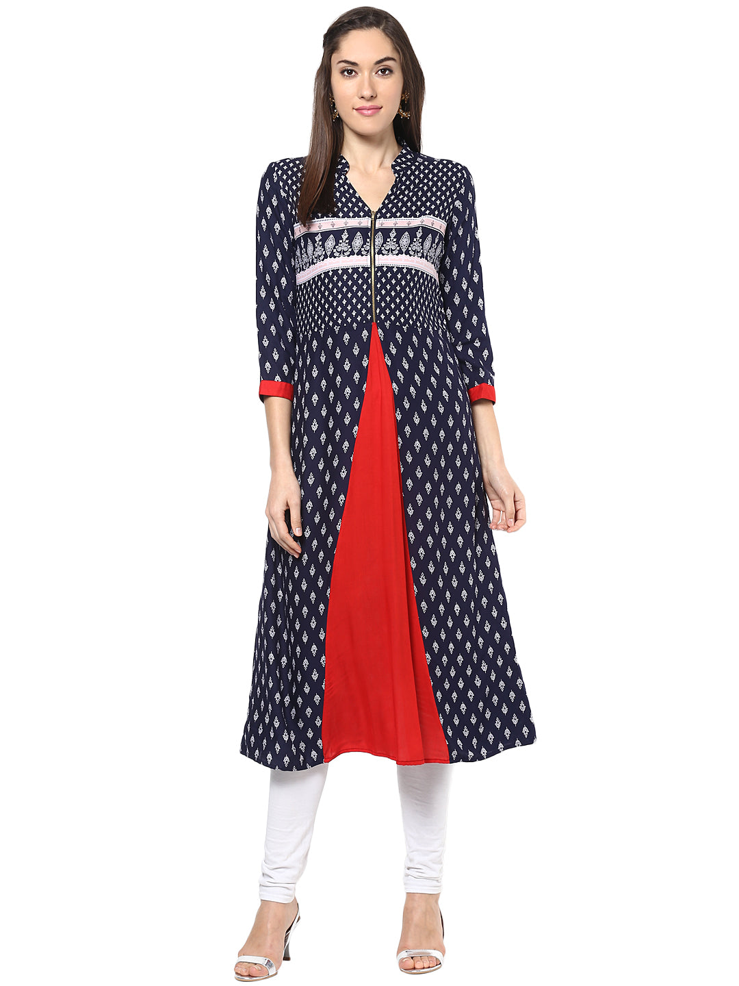 Women's Blue And Red Front Pleated Kurti - Stylestone