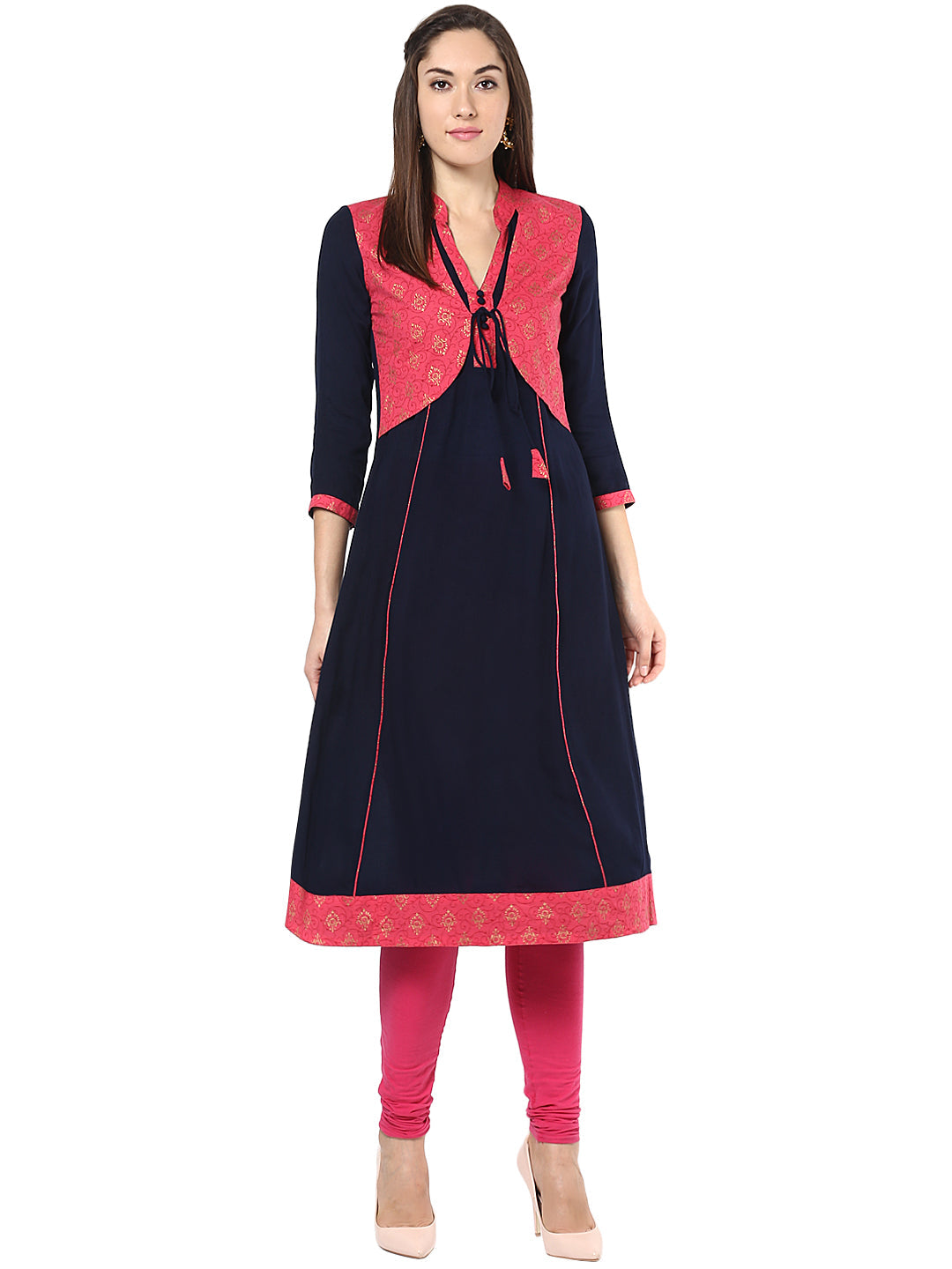 Women's Red And Navy Blue Jacket Style Anarkali Kurti - Stylestone