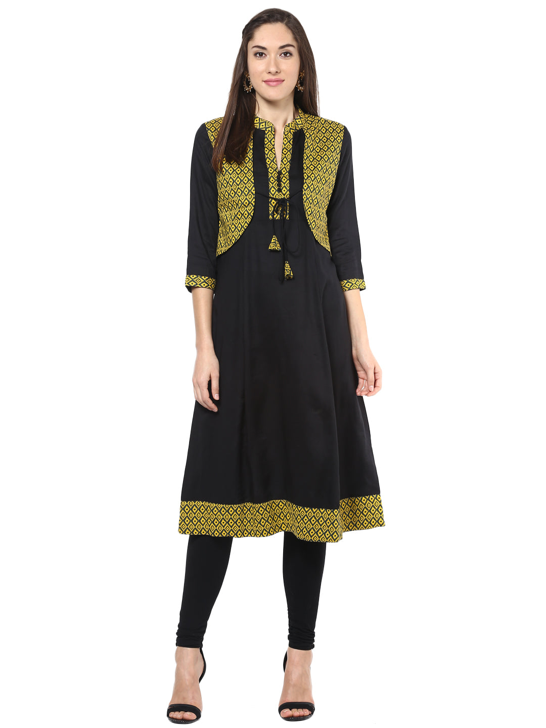 Women's Yellow And Black Jacket Style Anarkali Kurti - Stylestone