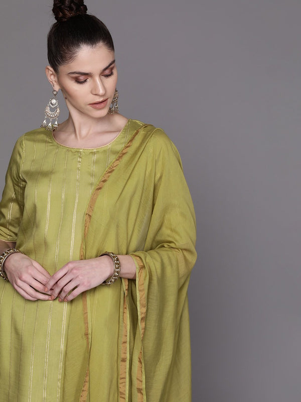 Women's  Olive Green & Golden Striped Kurta with Palazzos & Dupatta - AKS