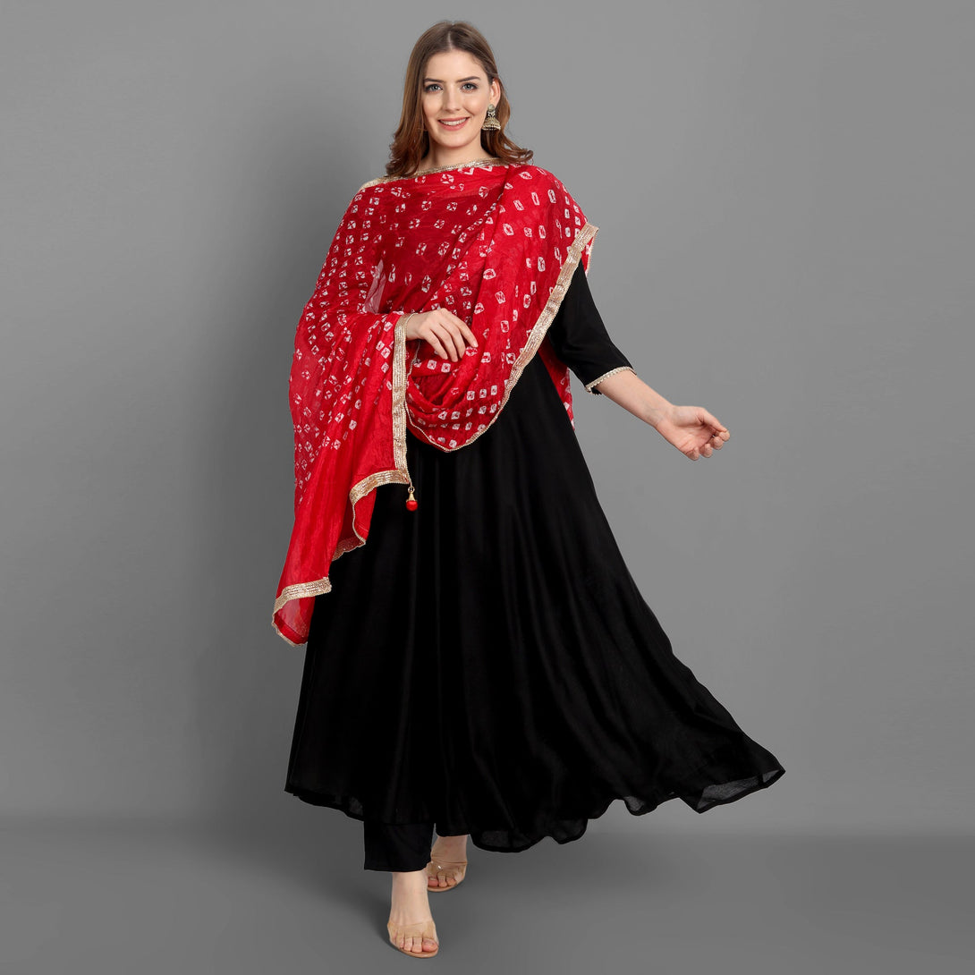 Women's Black Rayon Self Design Gown With Pant And Dupatta - Singni