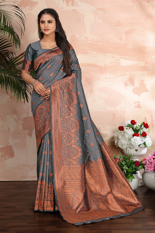 Women's Grey woven banarasi silk traditional saree  - Monjolika