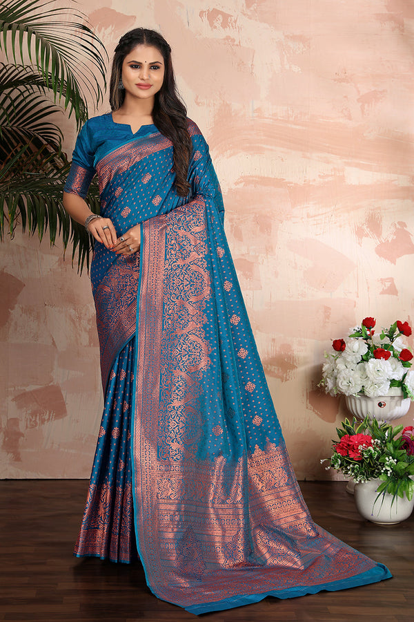 Women's Cobalt blue woven banarasi silk traditional saree  - Monjolika