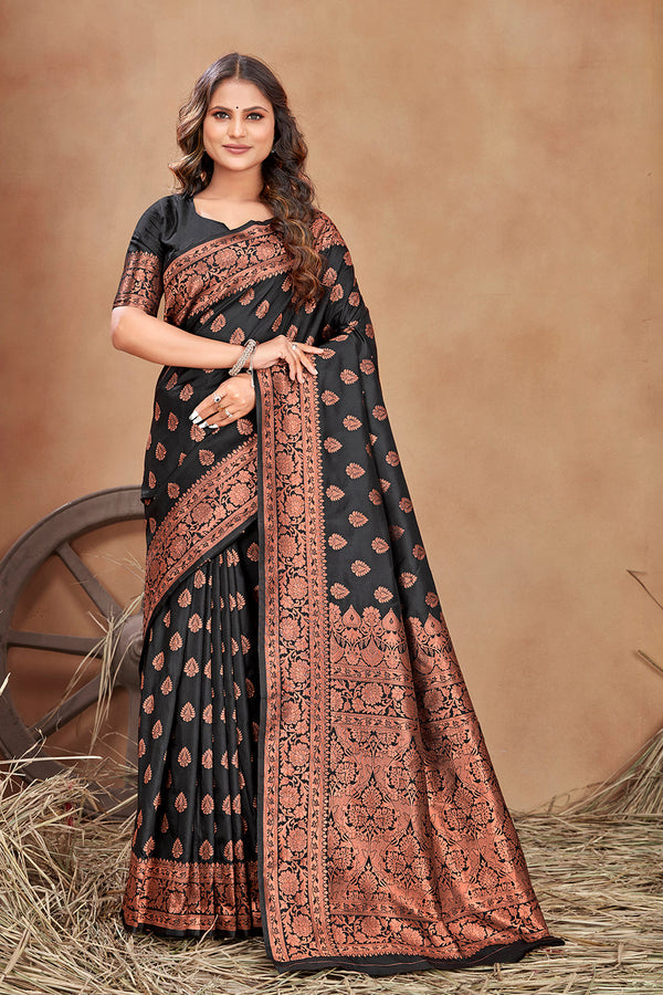 Women's Black woven banarasi silk traditional saree  - Monjolika