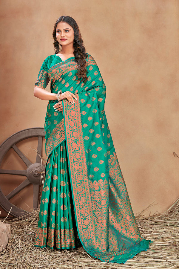 Women's Turquoise woven banarasi silk traditional saree  - Monjolika