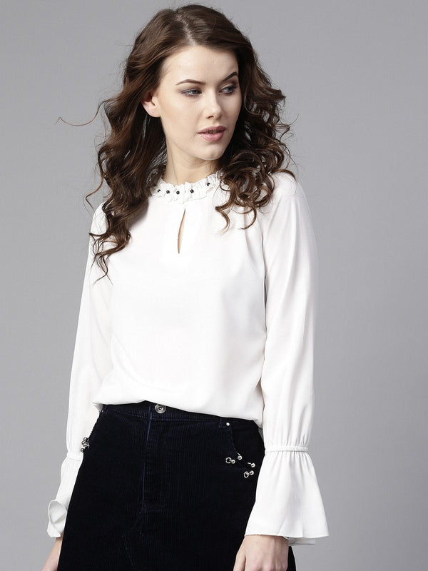 Women's Ruffled Pearl Embellished Collar Top - Pannkh